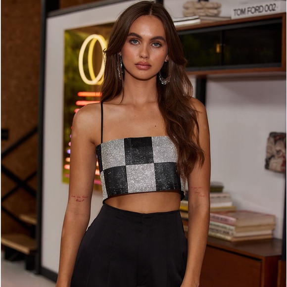 12th Tribe Tops - 12th Tribe Shira Checkered Rhinestone Crop Top. Size medium